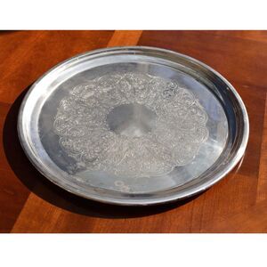 Vintage Newburyport Silverplate Round Serving Tray Engraved Victorian Scroll USA